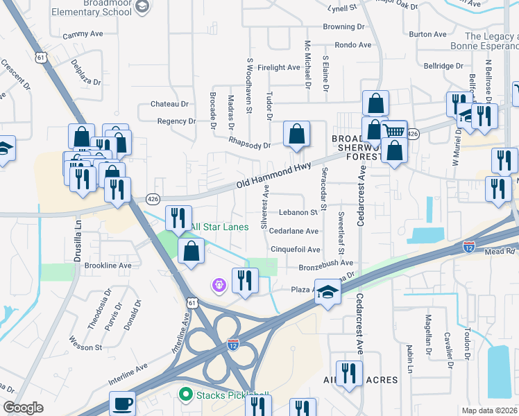 map of restaurants, bars, coffee shops, grocery stores, and more near 2120 Silverest Avenue in Baton Rouge