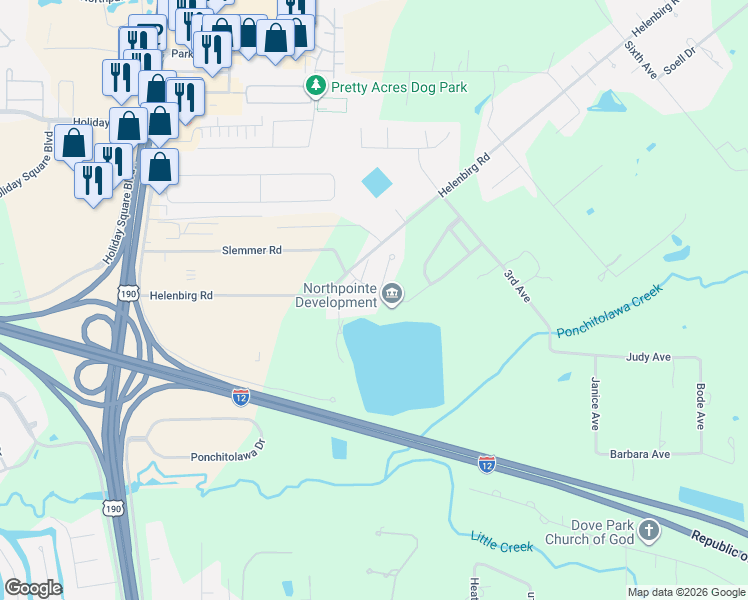 map of restaurants, bars, coffee shops, grocery stores, and more near 176 Golden Meadow Drive in Covington