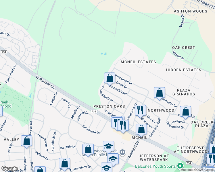 map of restaurants, bars, coffee shops, grocery stores, and more near 4605 Tamarack Trail in Austin