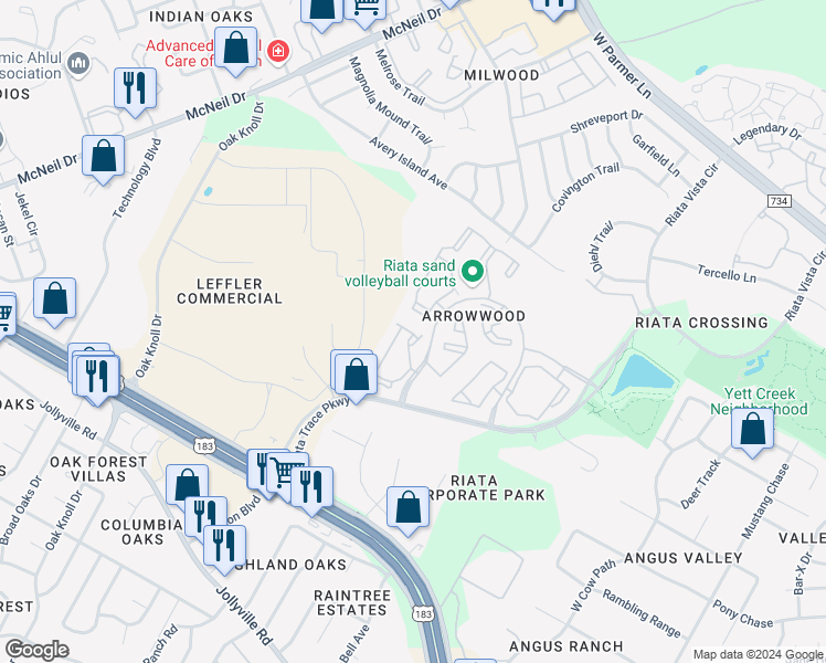 map of restaurants, bars, coffee shops, grocery stores, and more near 12320 Alameda Trace Circle in Austin