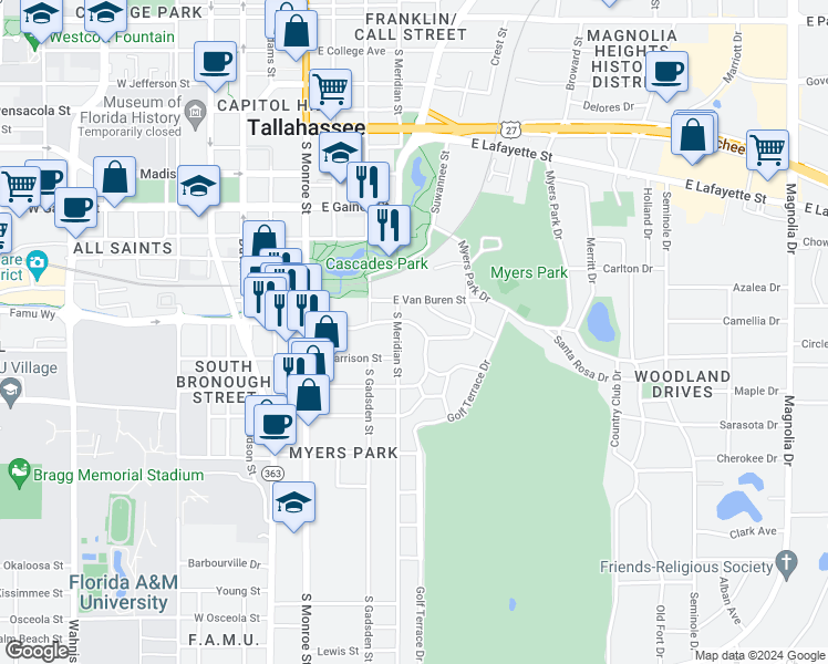 map of restaurants, bars, coffee shops, grocery stores, and more near 525 Oakland Avenue in Tallahassee