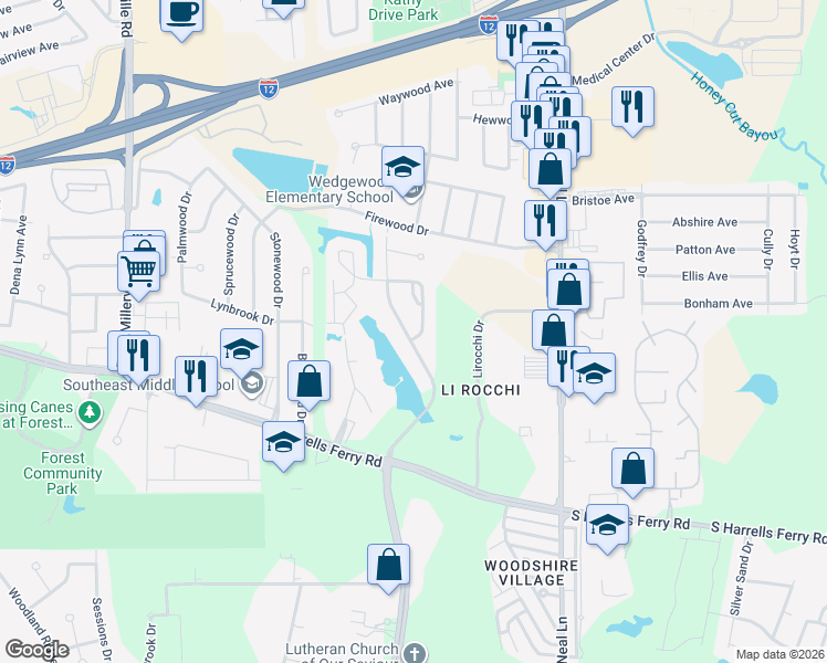 map of restaurants, bars, coffee shops, grocery stores, and more near 2245 Morningbrook Drive in Baton Rouge