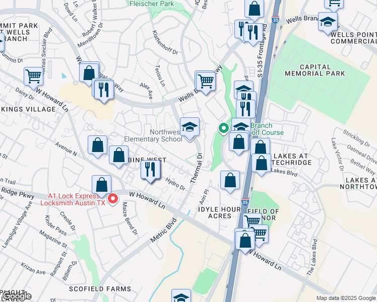 map of restaurants, bars, coffee shops, grocery stores, and more near 14000 Thermal Drive in Austin