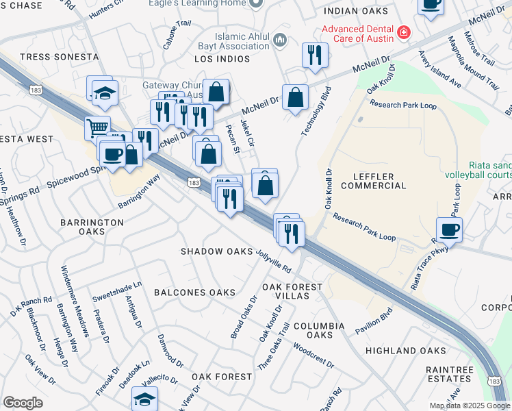 map of restaurants, bars, coffee shops, grocery stores, and more near 12593 Research Boulevard in Austin