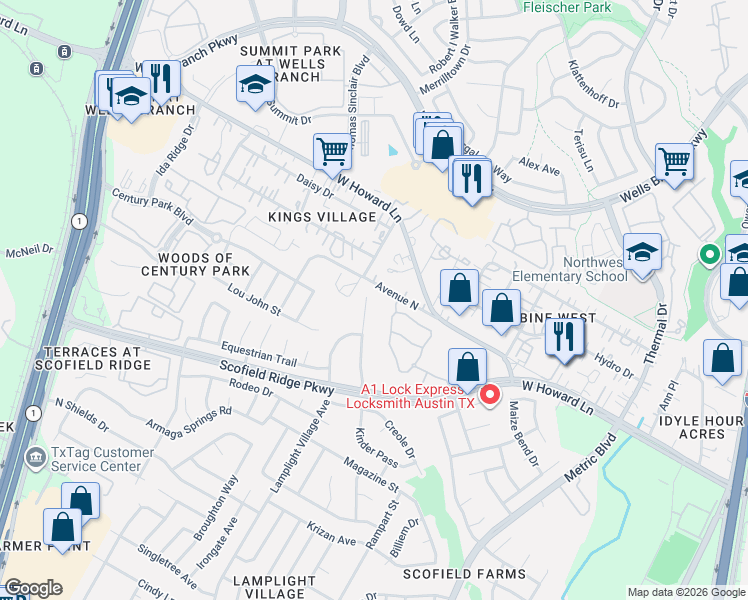 map of restaurants, bars, coffee shops, grocery stores, and more near 13521 Lamplight Village Avenue in Austin
