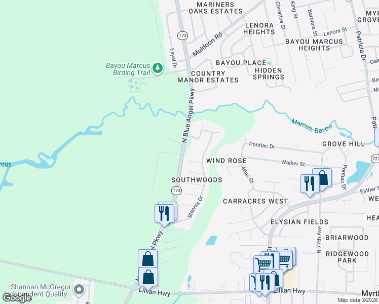map of restaurants, bars, coffee shops, grocery stores, and more near 2754 North Blue Angel Parkway in Pensacola