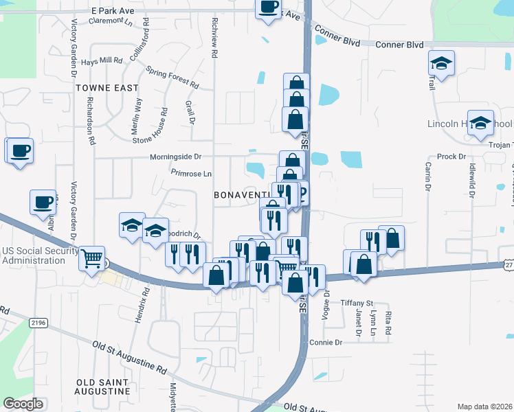 map of restaurants, bars, coffee shops, grocery stores, and more near 3059 Camelliawood Circle East in Tallahassee