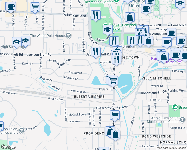 map of restaurants, bars, coffee shops, grocery stores, and more near 1501 Mayhew Street in Tallahassee