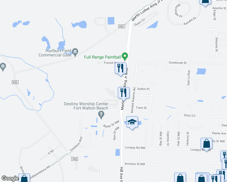 map of restaurants, bars, coffee shops, grocery stores, and more near 1890 Hunt Club Street in Fort Walton Beach