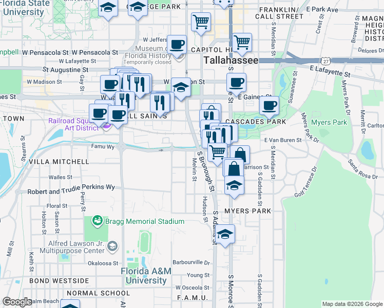 map of restaurants, bars, coffee shops, grocery stores, and more near 116 West Van Buren Street in Tallahassee