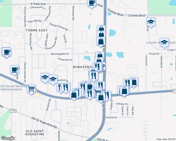 map of restaurants, bars, coffee shops, grocery stores, and more near 3059 Camelliawood Circle East in Tallahassee