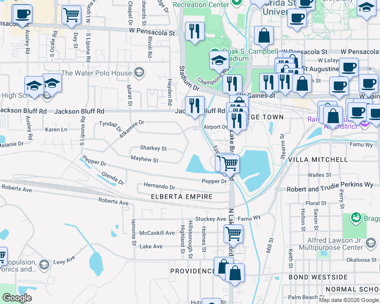 map of restaurants, bars, coffee shops, grocery stores, and more near 1501 Mayhew Street in Tallahassee