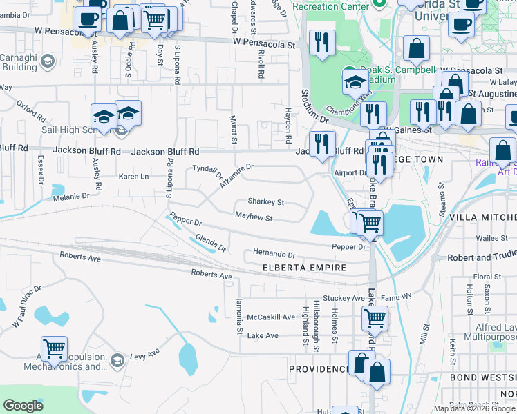 map of restaurants, bars, coffee shops, grocery stores, and more near 1646 Sharkey Street in Tallahassee