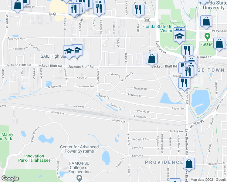 map of restaurants, bars, coffee shops, grocery stores, and more near 1733 Atkamire Drive in Tallahassee