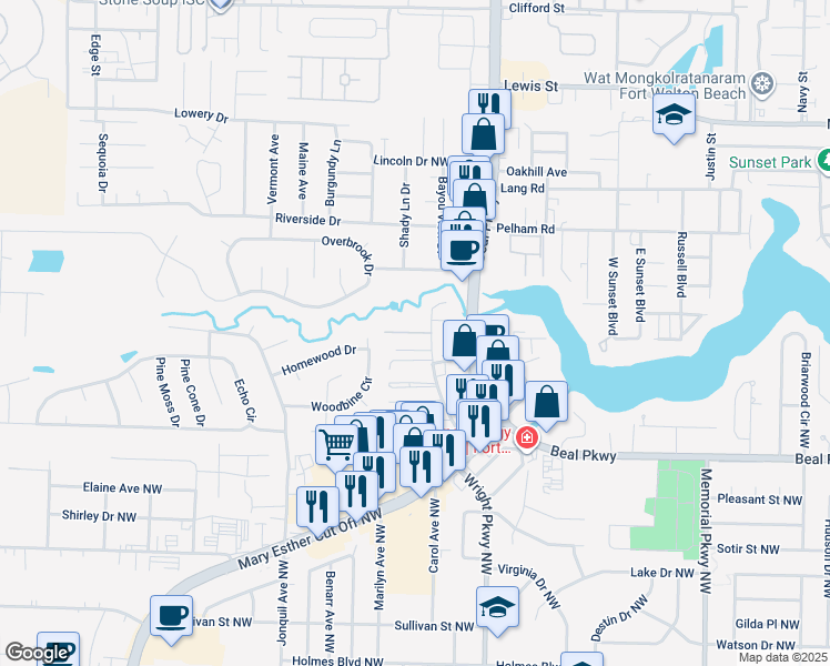 map of restaurants, bars, coffee shops, grocery stores, and more near 632 Gap Creek Drive in Fort Walton Beach