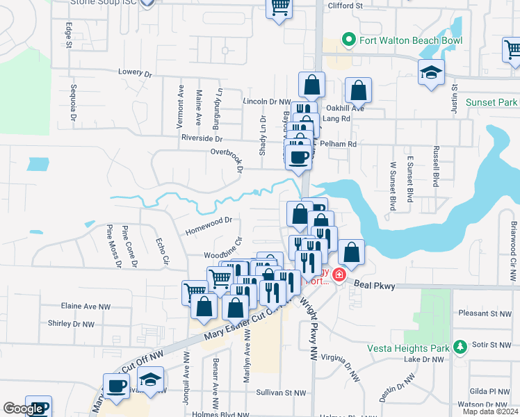 map of restaurants, bars, coffee shops, grocery stores, and more near 1864 Norwood Court in Fort Walton Beach