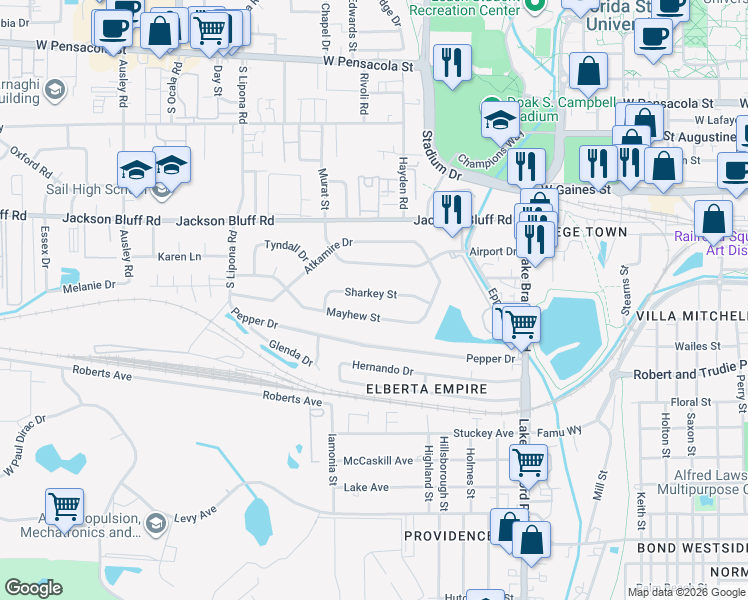 map of restaurants, bars, coffee shops, grocery stores, and more near 1646 Sharkey Street in Tallahassee