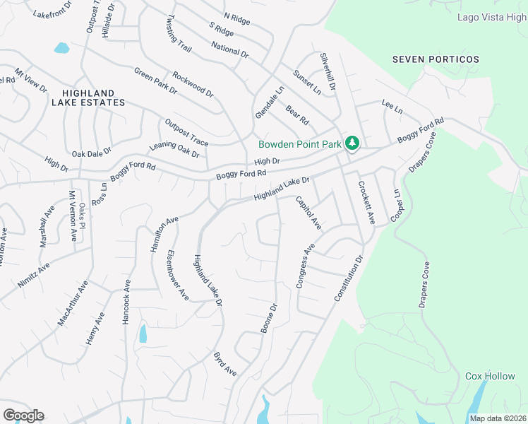 map of restaurants, bars, coffee shops, grocery stores, and more near 20403 Highland Lake Drive in Lago Vista
