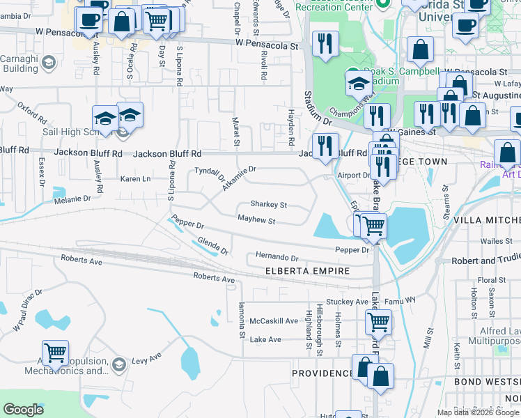map of restaurants, bars, coffee shops, grocery stores, and more near 1646 Sharkey Street in Tallahassee