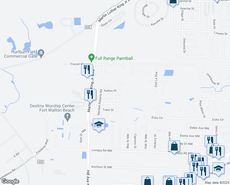 map of restaurants, bars, coffee shops, grocery stores, and more near 1622 Sutton Place in Fort Walton Beach