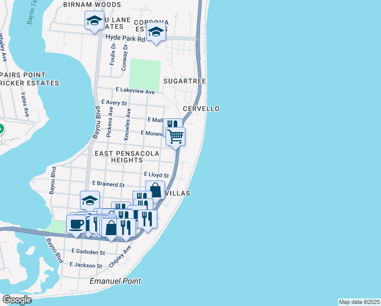 map of restaurants, bars, coffee shops, grocery stores, and more near 1010 Bay Boulevard in Pensacola