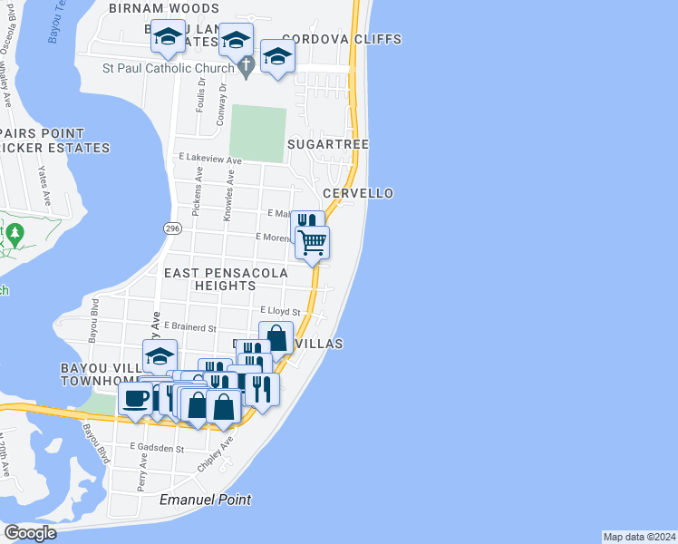 map of restaurants, bars, coffee shops, grocery stores, and more near 1010 Bay Boulevard in Pensacola