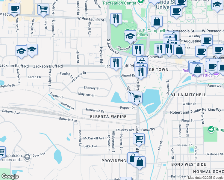 map of restaurants, bars, coffee shops, grocery stores, and more near 1509 Mayhew Street in Tallahassee