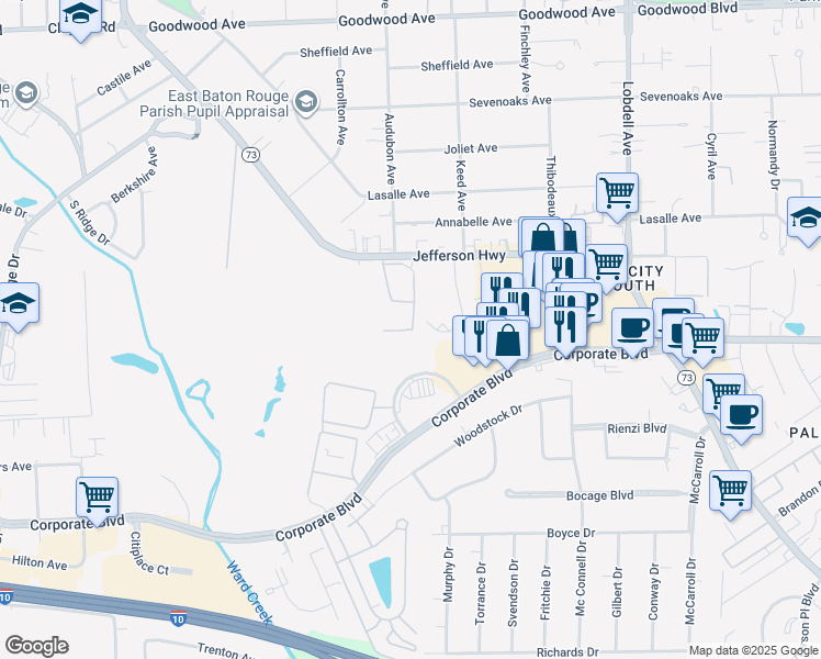 map of restaurants, bars, coffee shops, grocery stores, and more near 6810 Jefferson Highway in Baton Rouge