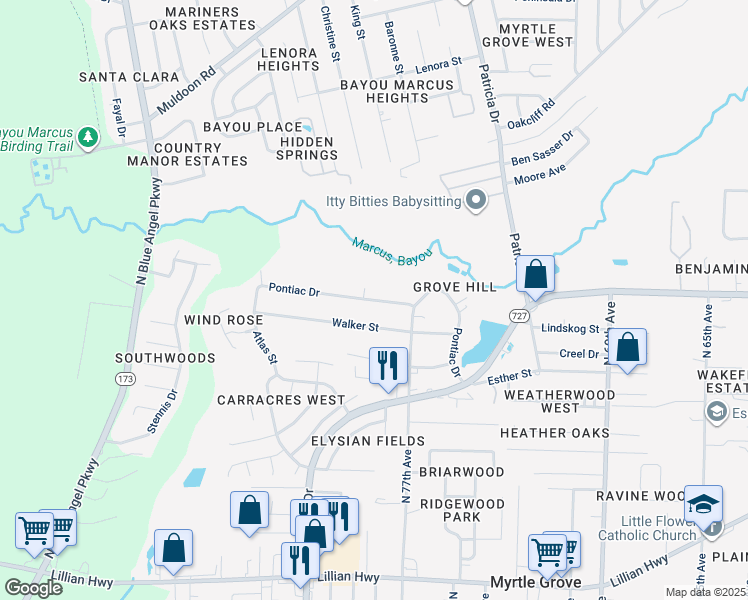 map of restaurants, bars, coffee shops, grocery stores, and more near 7706 Pontiac Drive in Pensacola