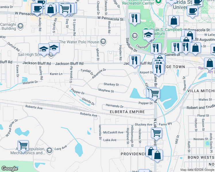 map of restaurants, bars, coffee shops, grocery stores, and more near 1646 Sharkey Street in Tallahassee