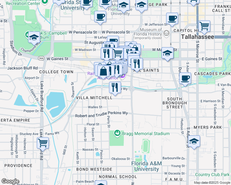 map of restaurants, bars, coffee shops, grocery stores, and more near 1131 Conklin Street in Tallahassee