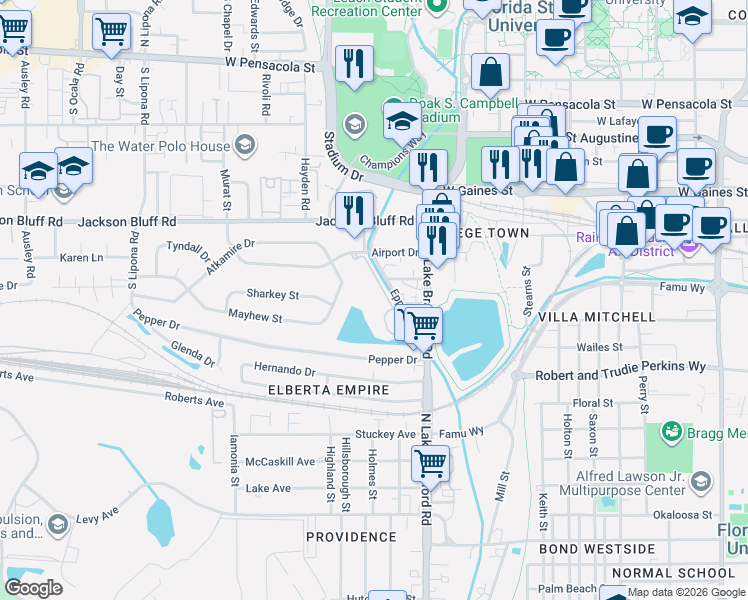 map of restaurants, bars, coffee shops, grocery stores, and more near 1307 Airport Drive in Tallahassee