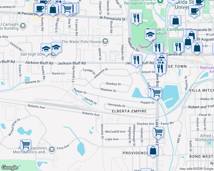 map of restaurants, bars, coffee shops, grocery stores, and more near 1674 Sharkey Street in Tallahassee