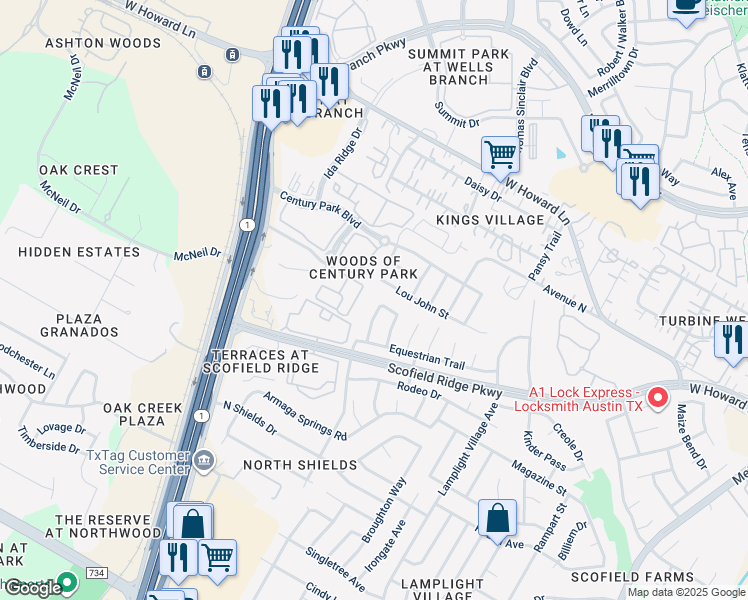 map of restaurants, bars, coffee shops, grocery stores, and more near 48 Grand Boulevard in Austin