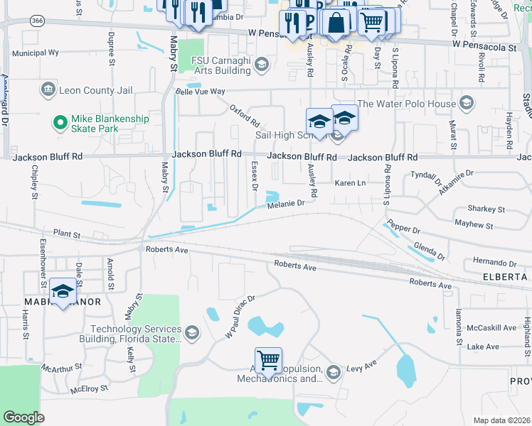 map of restaurants, bars, coffee shops, grocery stores, and more near 825 Essex Drive in Tallahassee
