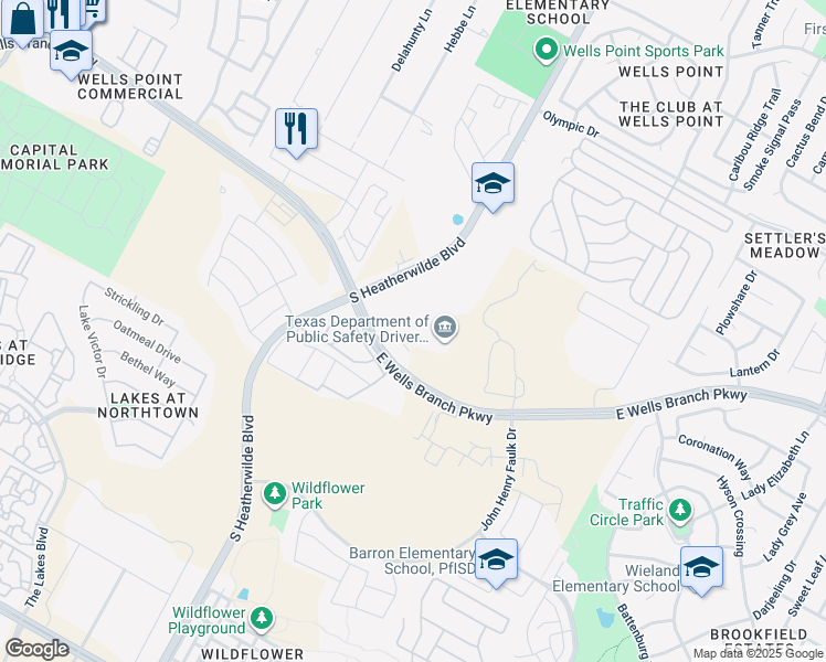 map of restaurants, bars, coffee shops, grocery stores, and more near 1501 South Heatherwilde Boulevard in Pflugerville