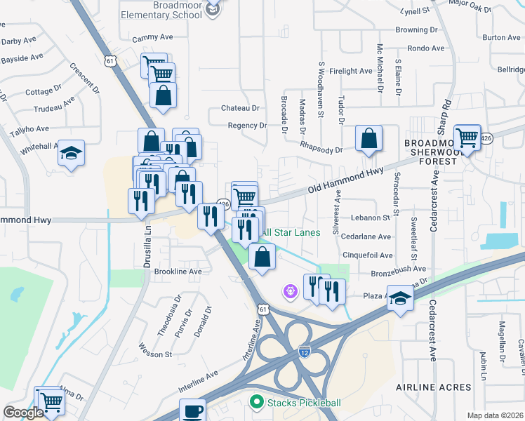 map of restaurants, bars, coffee shops, grocery stores, and more near 10011 Old Hammond Highway in Baton Rouge