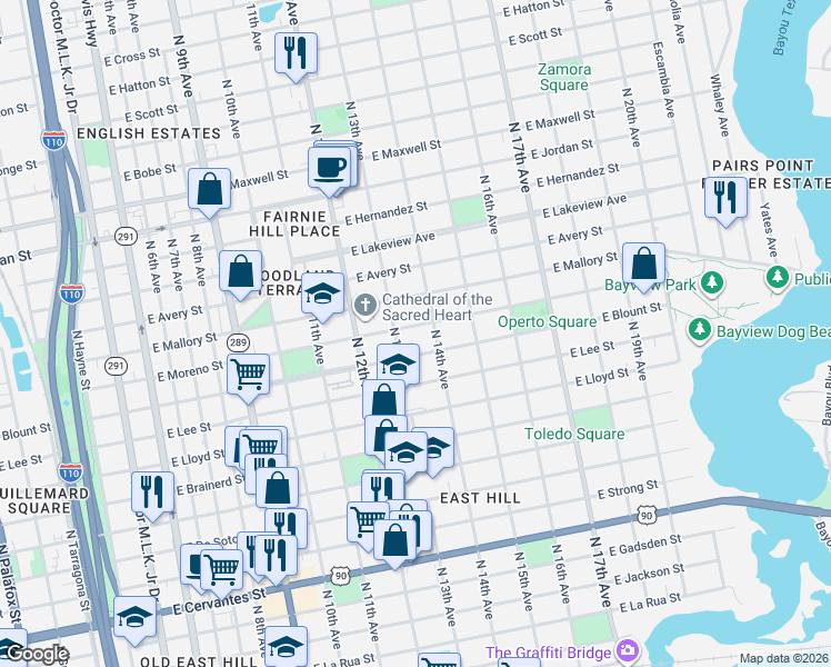 map of restaurants, bars, coffee shops, grocery stores, and more near 1310 East Moreno Street in Pensacola