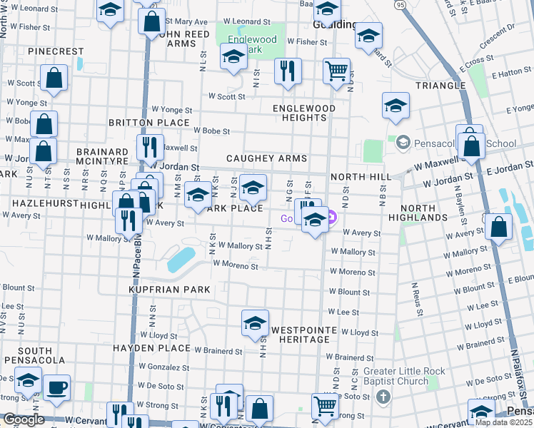 map of restaurants, bars, coffee shops, grocery stores, and more near 1221 West Lakeview Avenue in Pensacola