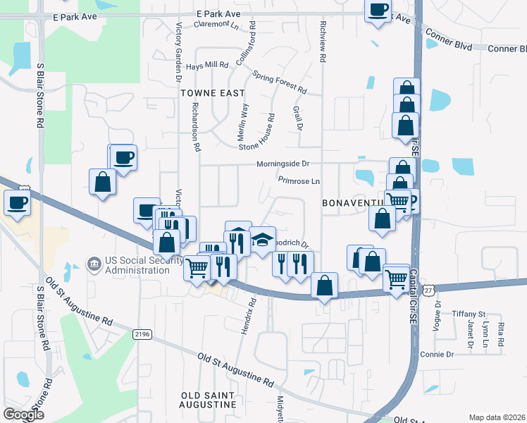 map of restaurants, bars, coffee shops, grocery stores, and more near 1202 Cross Creek Way in Tallahassee