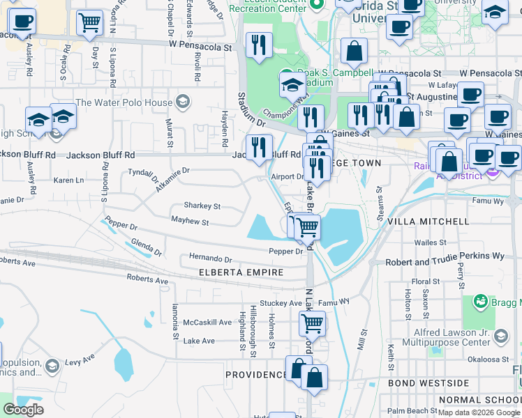 map of restaurants, bars, coffee shops, grocery stores, and more near 1501 Mayhew Street in Tallahassee