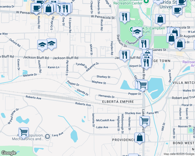 map of restaurants, bars, coffee shops, grocery stores, and more near 1674 Sharkey Street in Tallahassee