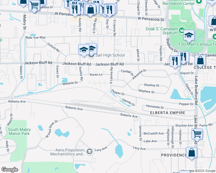 map of restaurants, bars, coffee shops, grocery stores, and more near 1819 Mayhew Street in Tallahassee