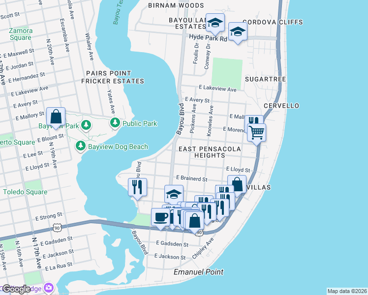 map of restaurants, bars, coffee shops, grocery stores, and more near 2907 East Blount Street in Pensacola