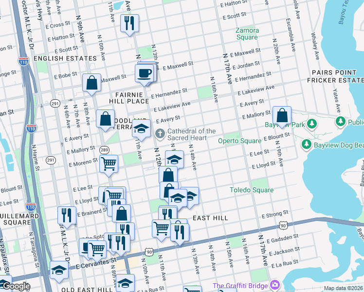 map of restaurants, bars, coffee shops, grocery stores, and more near 1310 East Moreno Street in Pensacola