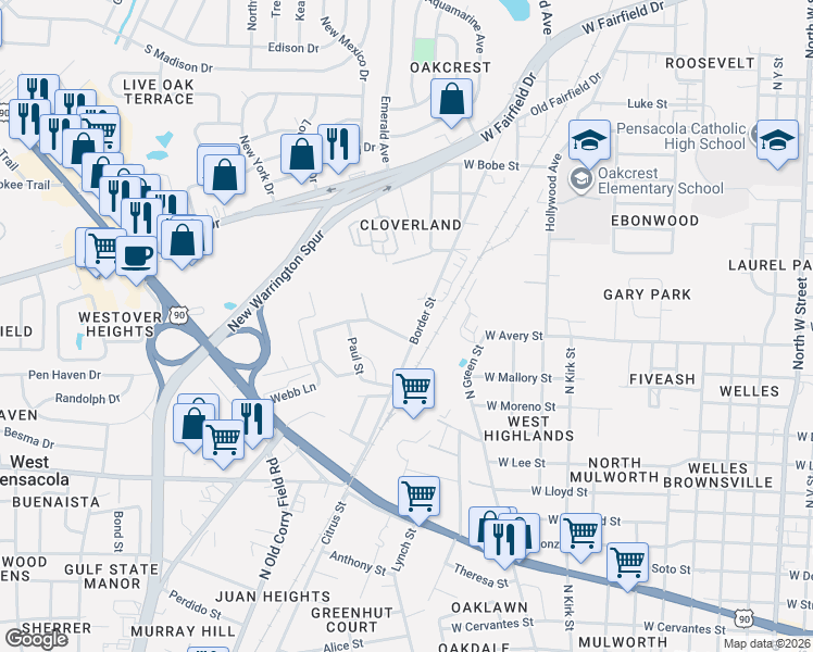 map of restaurants, bars, coffee shops, grocery stores, and more near 314B Dogwood Drive in Pensacola