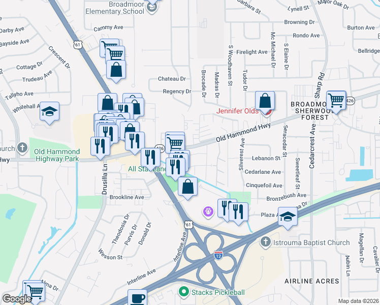 map of restaurants, bars, coffee shops, grocery stores, and more near 10011 Old Hammond Highway in Baton Rouge