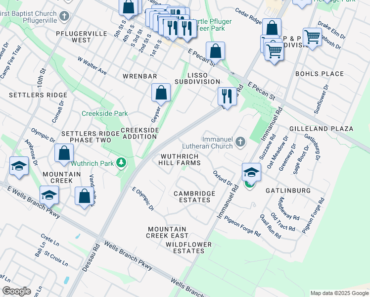map of restaurants, bars, coffee shops, grocery stores, and more near 700 Oxford Drive in Pflugerville
