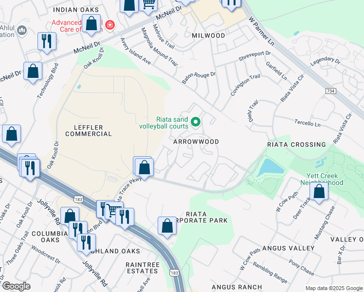 map of restaurants, bars, coffee shops, grocery stores, and more near 12340 Alameda Trace Circle in Austin