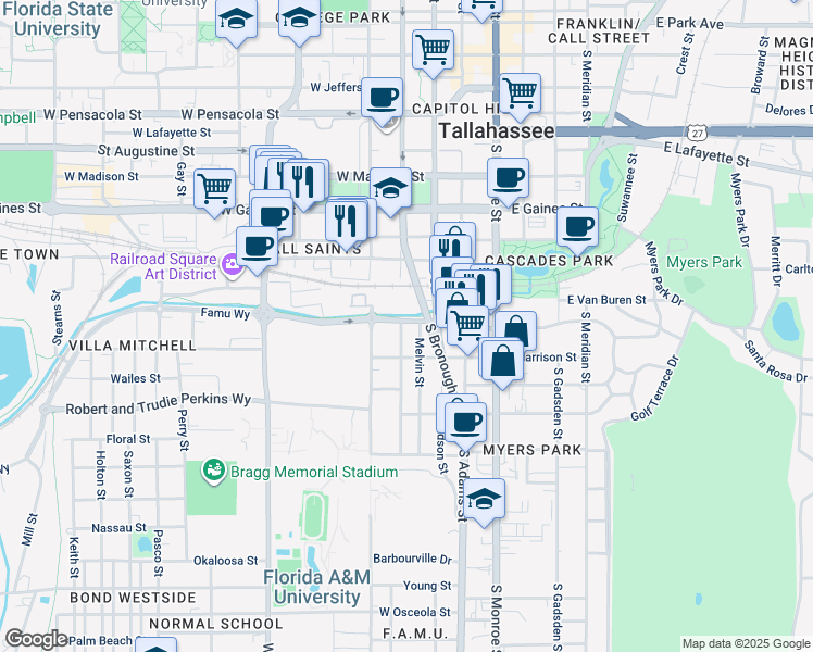 map of restaurants, bars, coffee shops, grocery stores, and more near 1319 South Bronough Street in Tallahassee